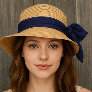 Jendi Straw Sun Hat with Navy Wrap Bow – One Size